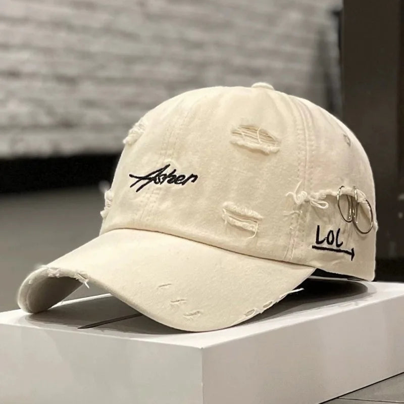 Unisex Asher Embroidery Hole Iron Ring Baseball Caps Outdoor Adjustable Casual Hats Hip Hop Hat Sunscreen Hat