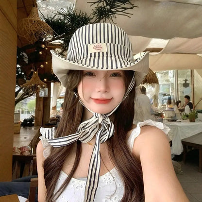 Fashion UV Protection Bucket Hat Striped Wide Brim Fishermen Cap