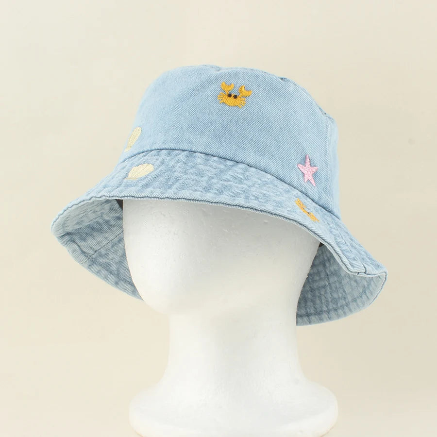 2026 Baby Cute Shell Starfish Crab Embroidery Denim Bucket Hat For Kids