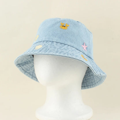 2026 Baby Cute Shell Starfish Crab Embroidery Denim Bucket Hat For Kids