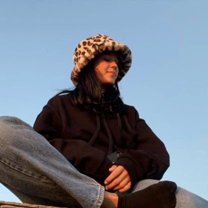Leopard Print Fisherman Hat Versatile Warm Basin Hat