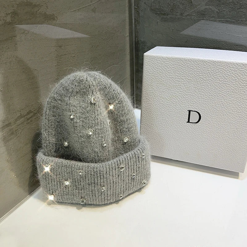 Luxury Rhinestone Beads Knitted Hat Korean Women