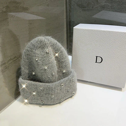 Luxury Rhinestone Beads Knitted Hat Korean Women