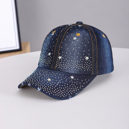 Mini Star-Studded Gradient Rhinestone Sky-Patterned Denim Frayed Baseball Cap