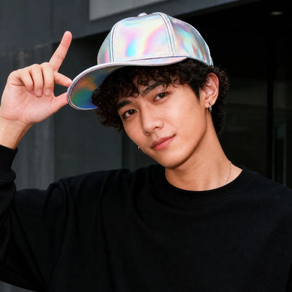 Adjustable Shiny Hat Breathable Holographic Pu Leather Baseball Cap
