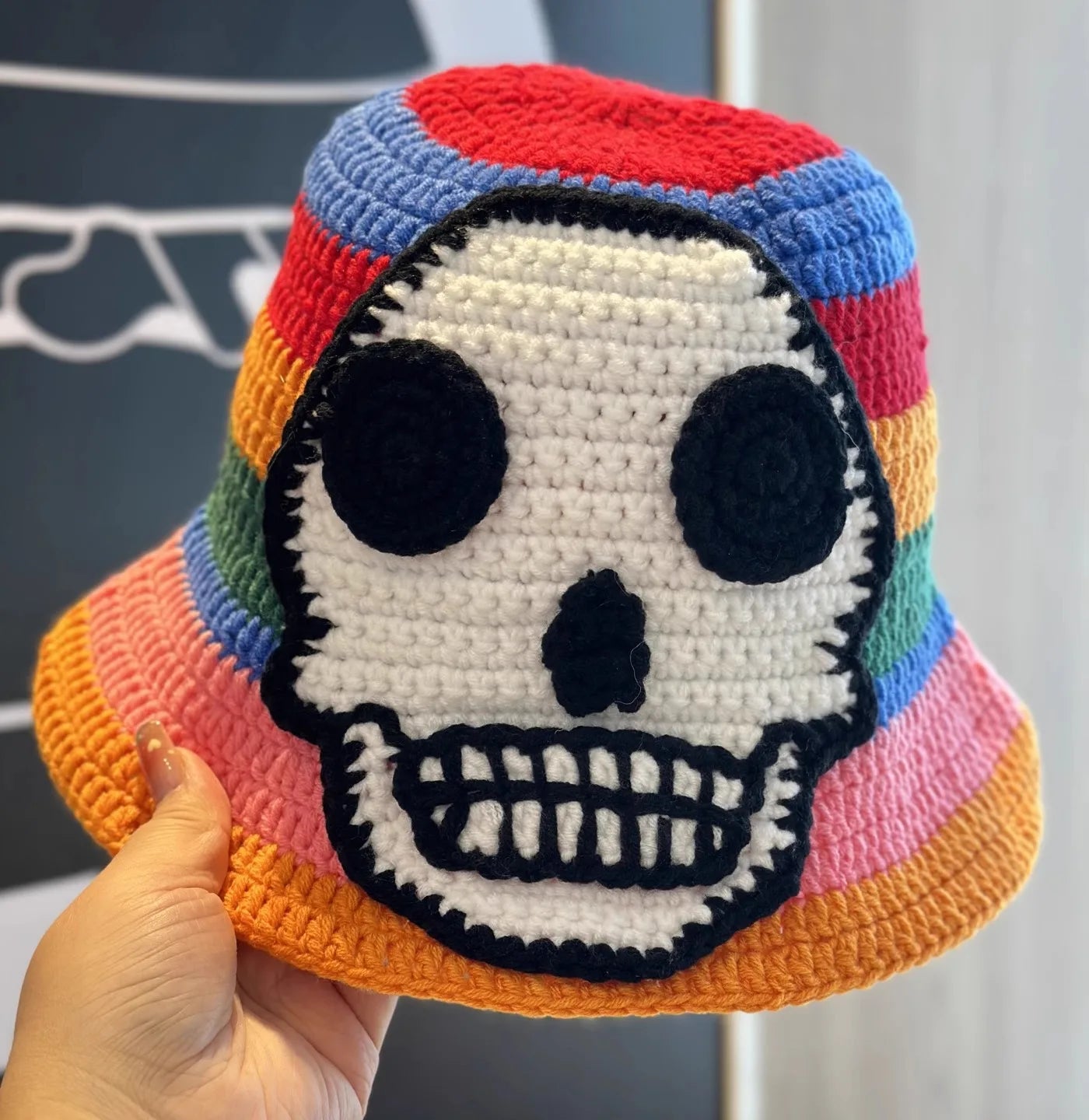 Skeleton Embroidery Fisherman Hat Winter Handmade Crochet Knitted