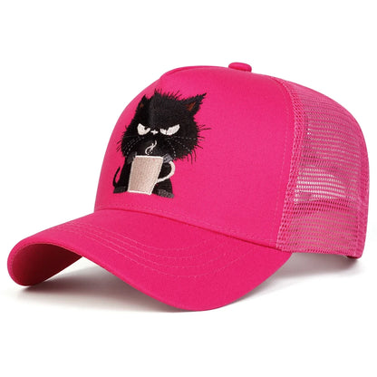 Unisex Black Cat Embroidery Baseball Net Caps Spring and Summer