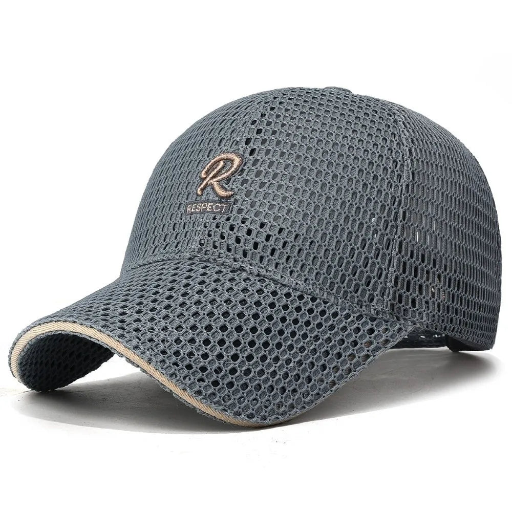 R Letter Embroidery Full Mesh Baseball Cap