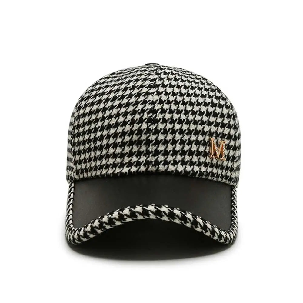 Pu Leather Brim Houndstooth Baseball Cap Face Cap Korean Style Hat