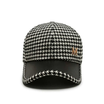 Pu Leather Brim Houndstooth Baseball Cap Face Cap Korean Style Hat
