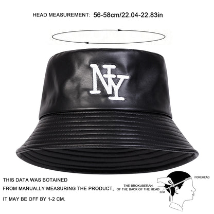 Unisex NY PU Leather Panama Fisherman Hat for Men Women Bucket Hat