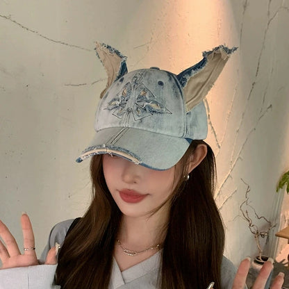 Washed Denim Hip-Hop Baseball Cap With Ear Flaps