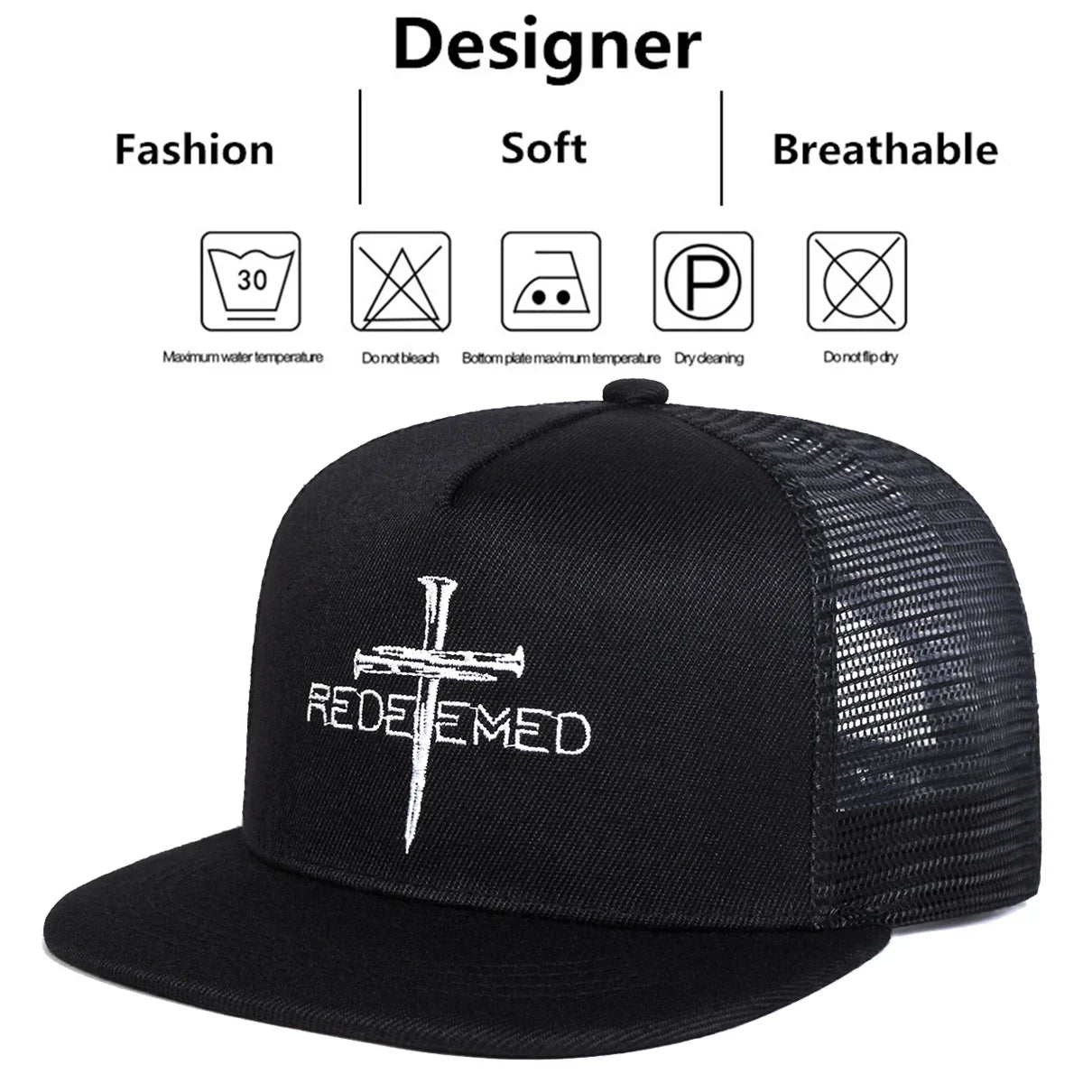 Unisex Redeemed Cross Embroidery Hip-hop Net Hats Spring Summer