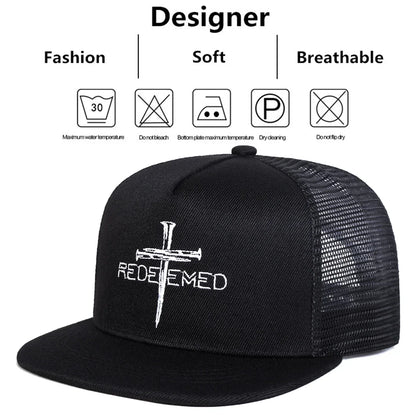 Unisex Redeemed Cross Embroidery Hip-hop Net Hats Spring Summer