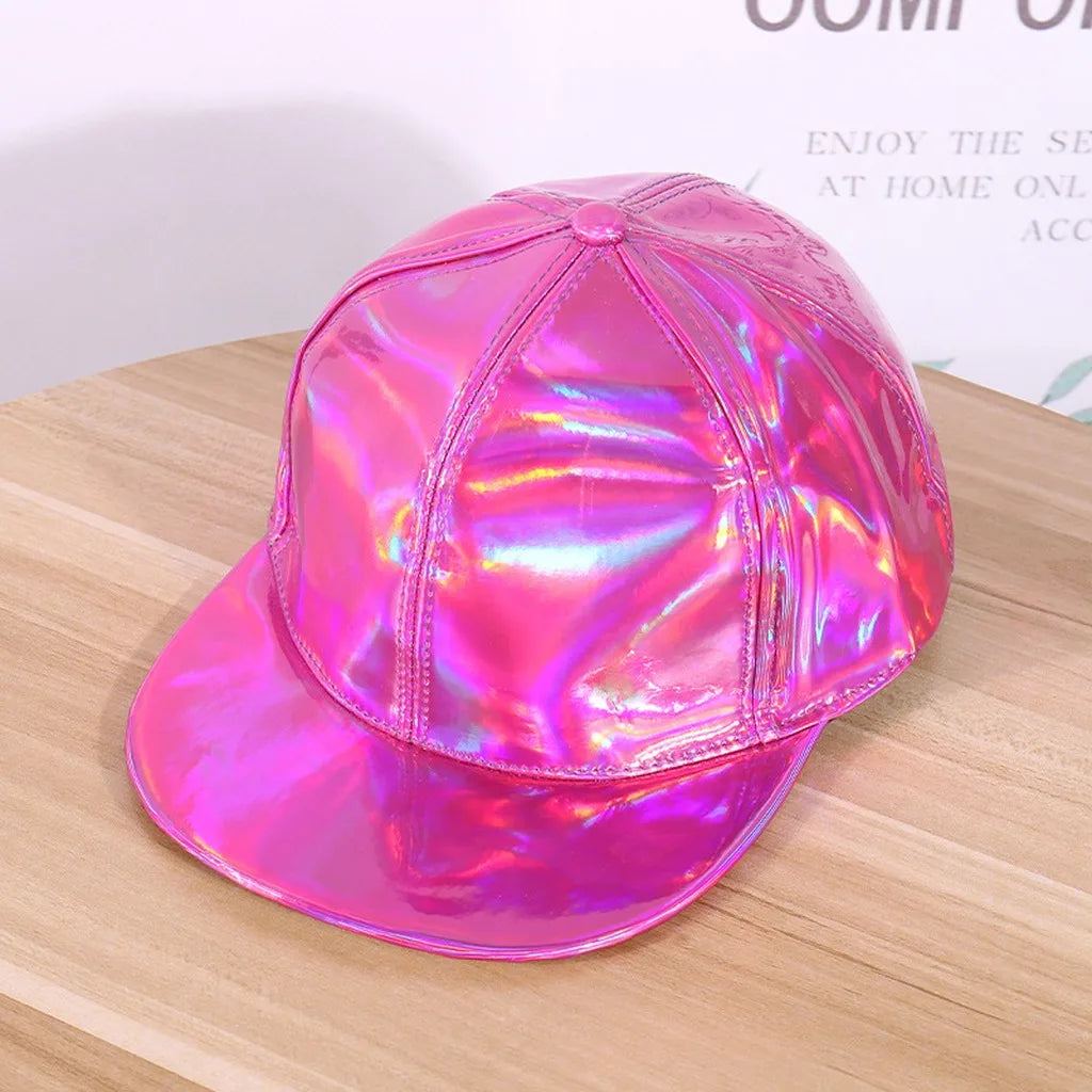 Adjustable Shiny Hat Breathable Holographic Pu Leather Baseball Cap