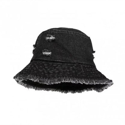 Vintage Denim Bucket Hat For Women Tassel Holes Panama Fisherman Cap