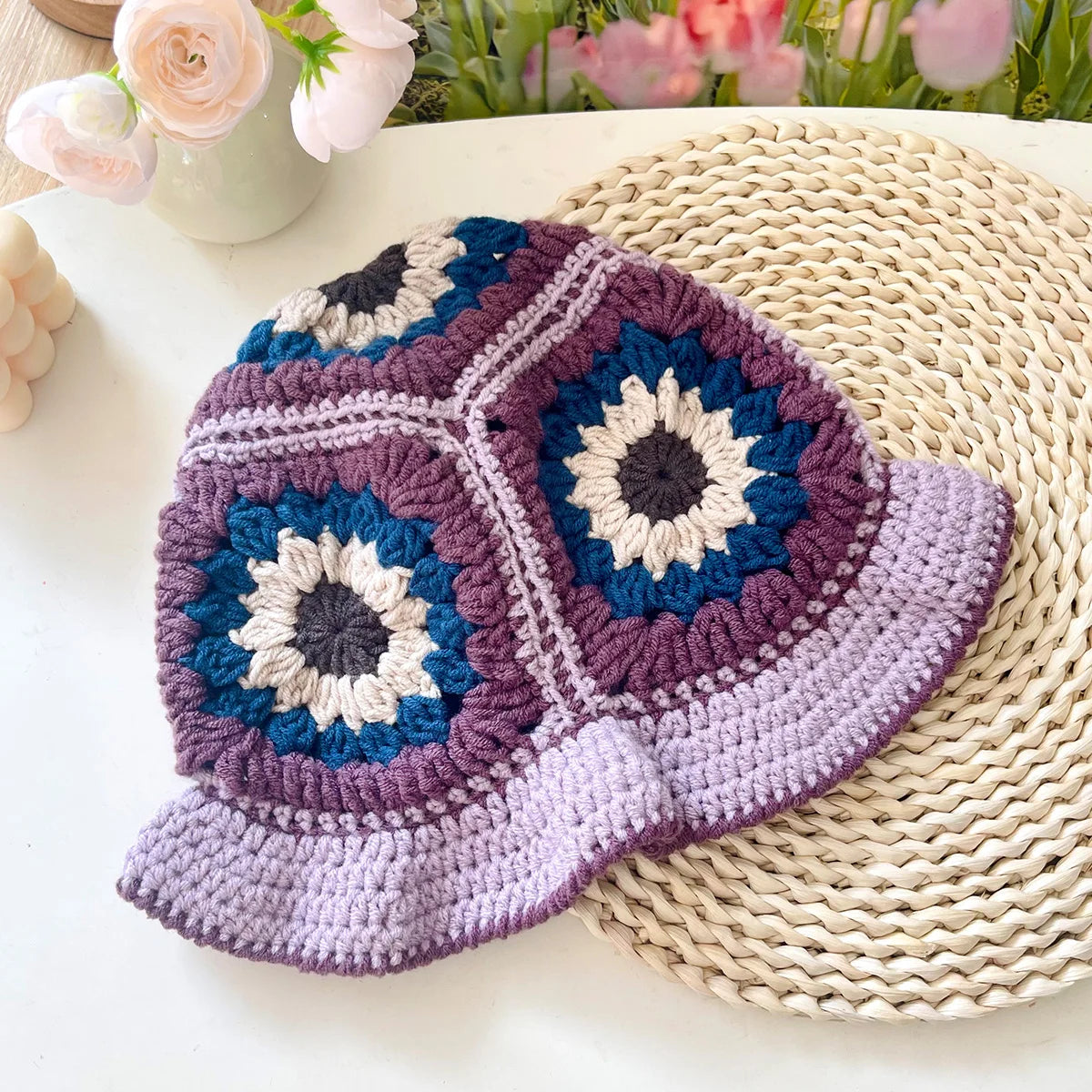Women Muticolor Crochet Korean Handmade Bucket Hat Women Weaving Knitted Hat Y2k Fashion Flowers Autumn Cap
