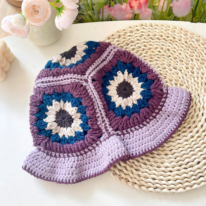Women Muticolor Crochet Korean Handmade Bucket Hat Women Weaving Knitted Hat Y2k Fashion Flowers Autumn Cap
