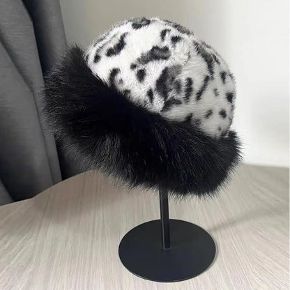 Hot Leopard Print Fur Hat Women Windproof Keep Warm Headgear Fur