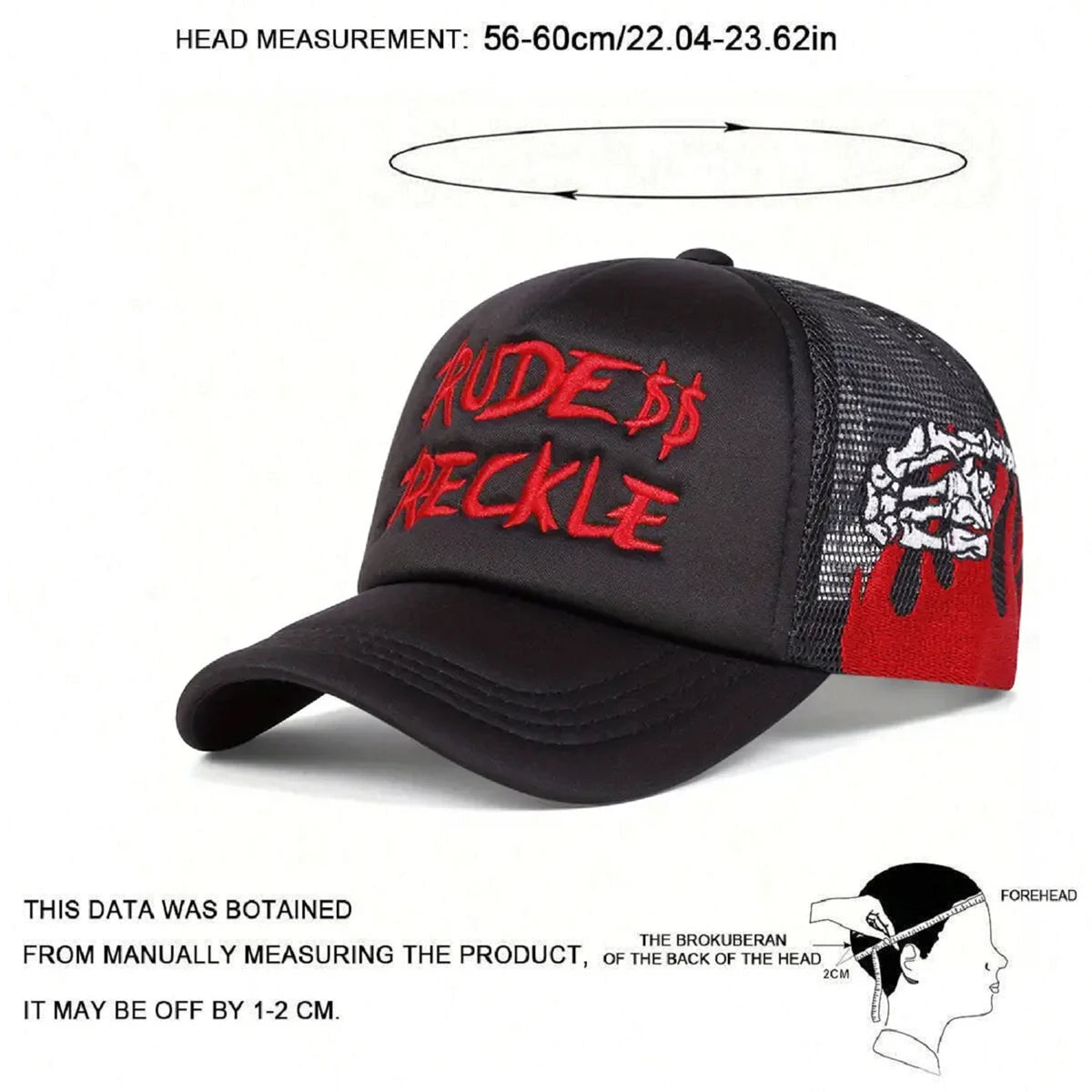 Cotton Mesh Hat Rud Hand Skull Embroidered Baseball Cap Men Trendy Retro Hip Hop Hat Women
