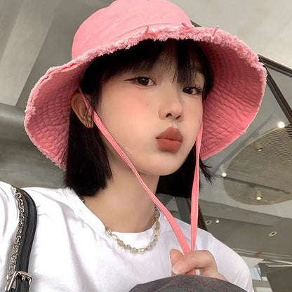 Women Solid Color Sunshade Bucket Hat Soft Cotton