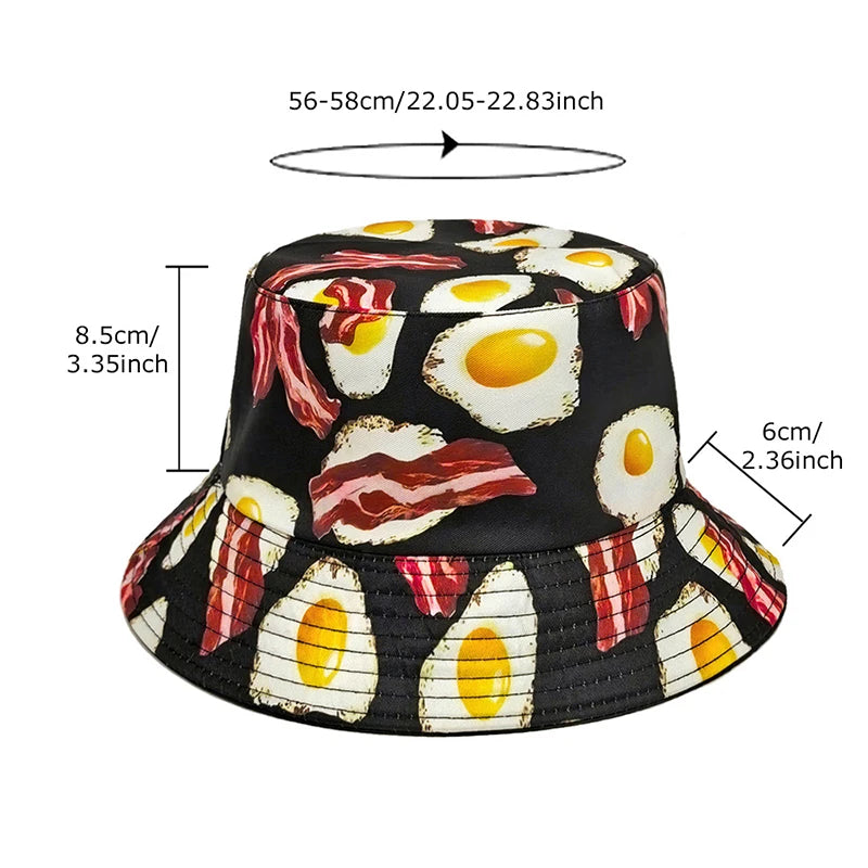 Cartoon Pattern Bucket Hat Eggs Bacon Printing Fisherman Hats Foods Double Sides