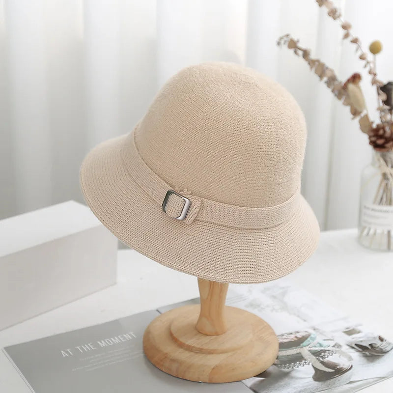 Women Knitted Bucket Hat Autumn Winter Solid Color