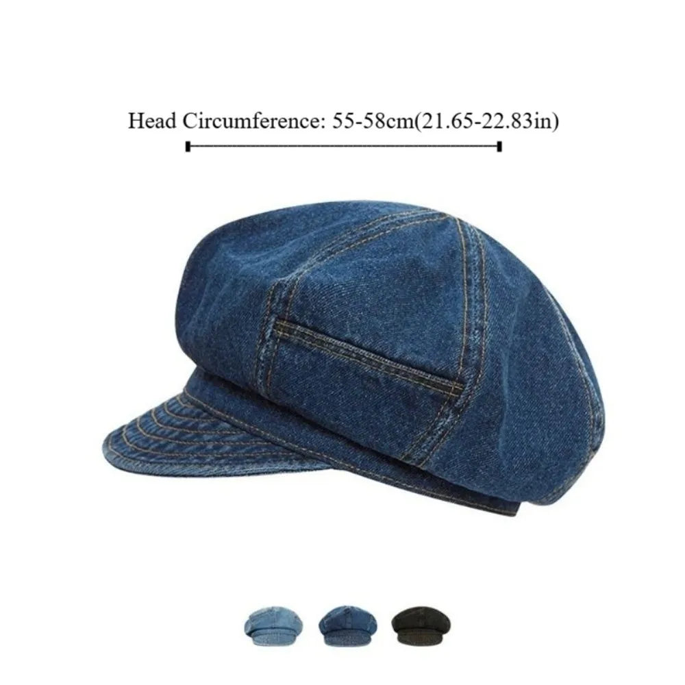 Retro Vintage Washed Denim Beret Newsboy Visor Octagonal Cap