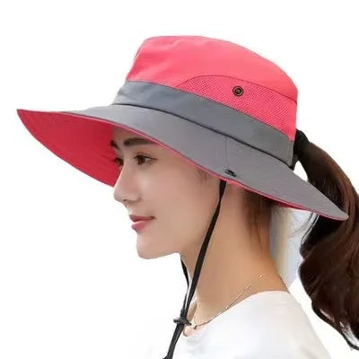 Women's Dual-Tone Sun Hat with Ponytail Hole for Spring, Summer