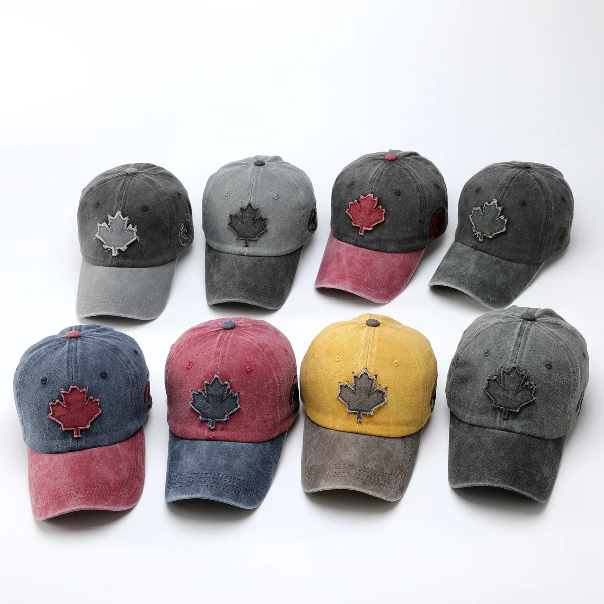 Washed Denim Baseball Cap Maple Leaf Patch Embroidery