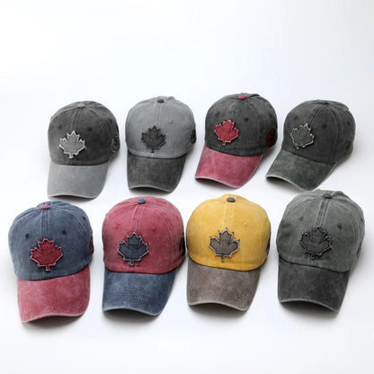 Washed Denim Baseball Cap Maple Leaf Patch Embroidery