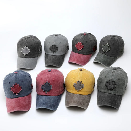 Washed Denim Baseball Cap Maple Leaf Patch Embroidery