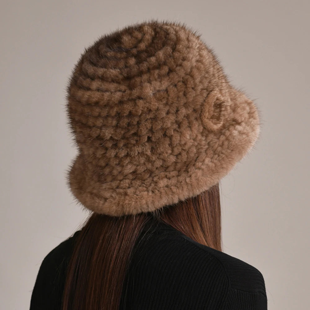 Woman Hat Winter Solid Mink Caps With Flower Natural Mink Fur Hats