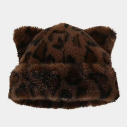 Winter Plush Teddy Bear Hat For Women Leopard Print Ear Protection Cap