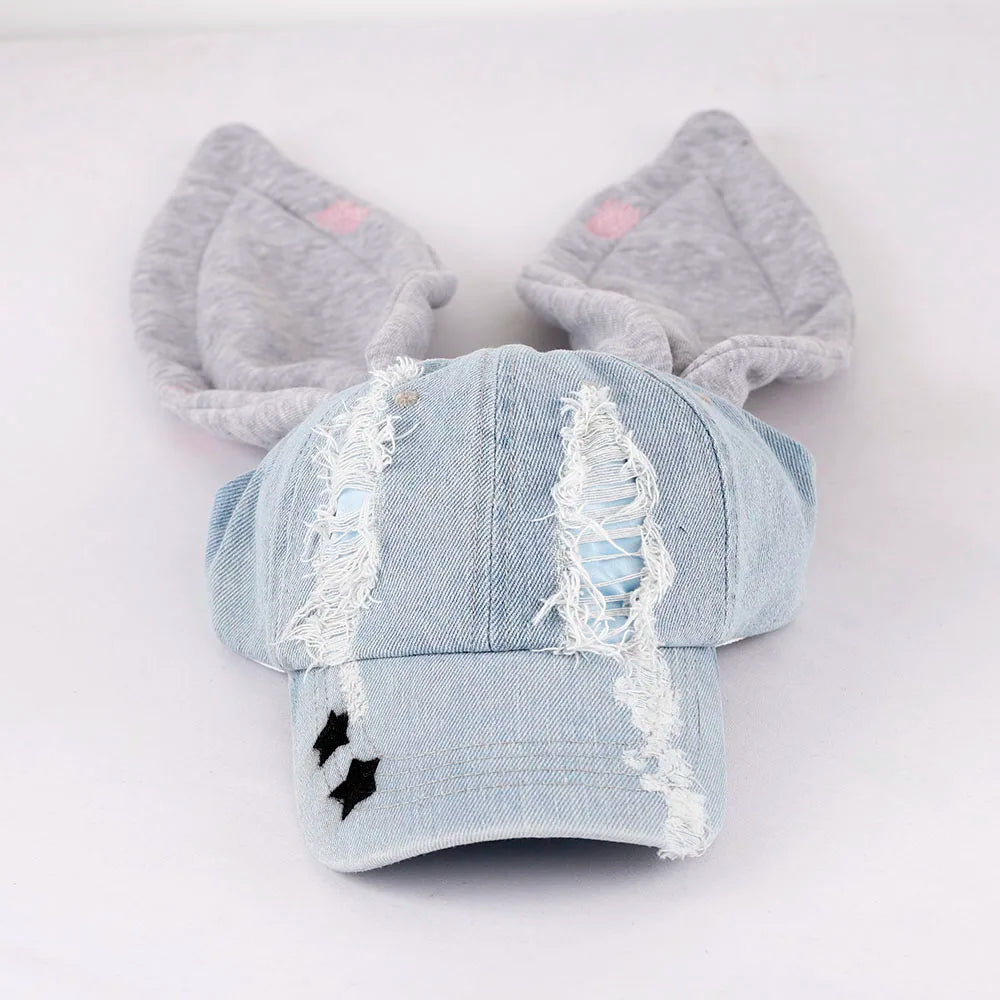 New MinJi Haerin Omg Stage Long Rabbit Ear Hat Y2k Style Denim Blue Baseball Cap