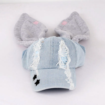New MinJi Haerin Omg Stage Long Rabbit Ear Hat Y2k Style Denim Blue Baseball Cap