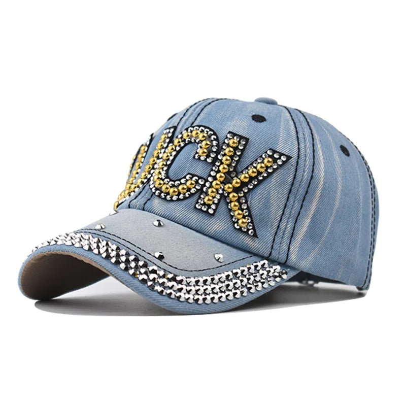 Baseball Cap Denim Luck Rhinestone Men Adjustable Hat