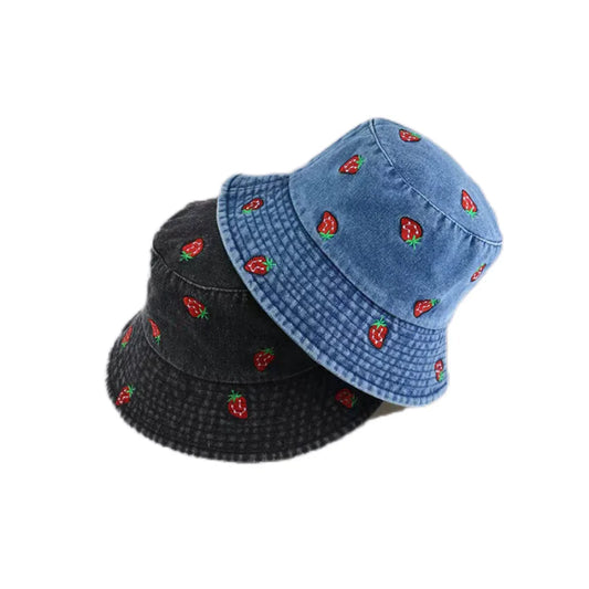 Spring Summer Strawberry Embroidery Denim  Bucket Hat