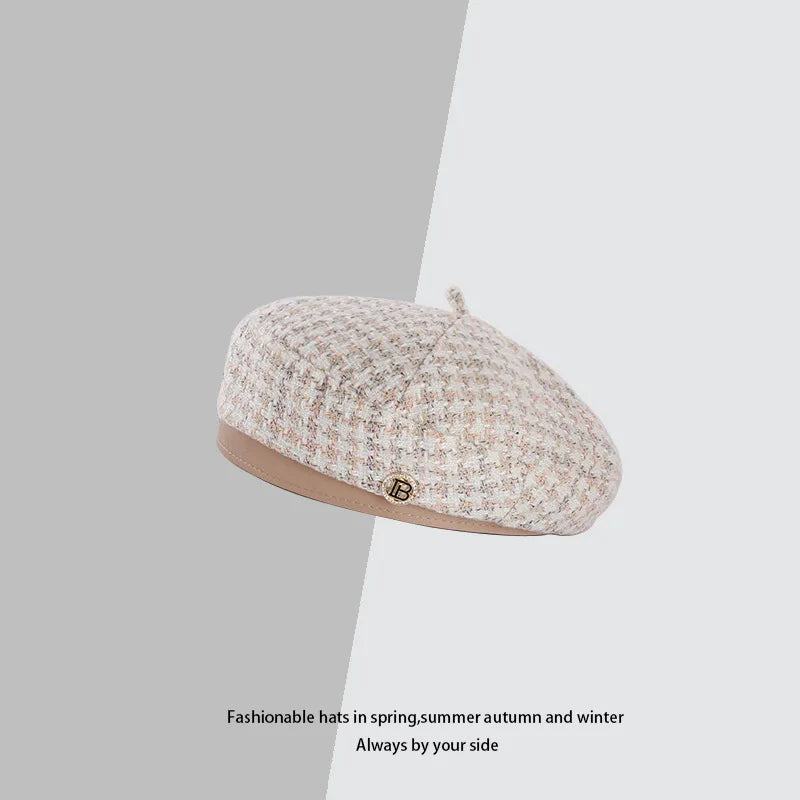New Fashion All-Match Houndstooth Female British Retro Octagonal Hat