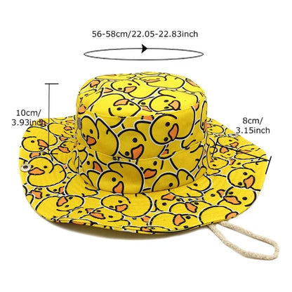 New Yellow Duck Pattern Fisherman's Hat Wide Brim Band Elastic Shrink Rope Unisex
