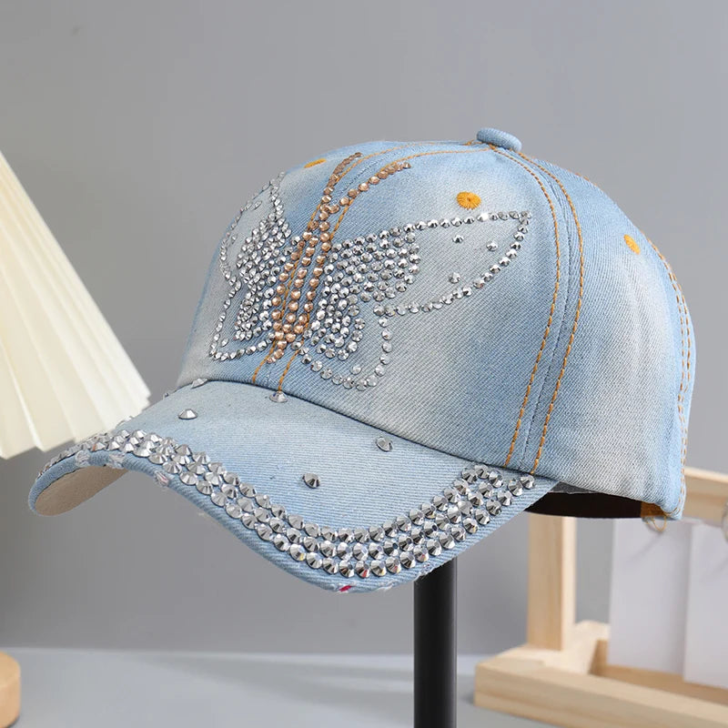 A Women’s Sparkle Bling Rhinestone Bejeweled Cotton Denim Baseball Cap