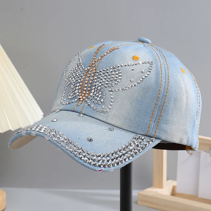 A Women’s Sparkle Bling Rhinestone Bejeweled Cotton Denim Baseball Cap