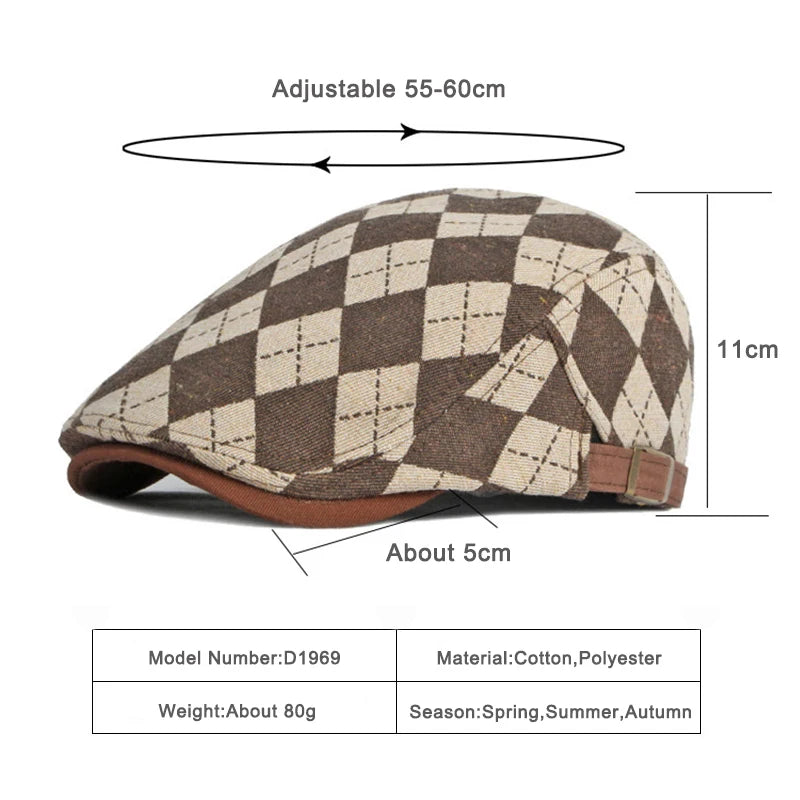 Spring Fall Men's Beret Hat Retro Plaid Herringbone Cap Forward Flat Peaked Cap