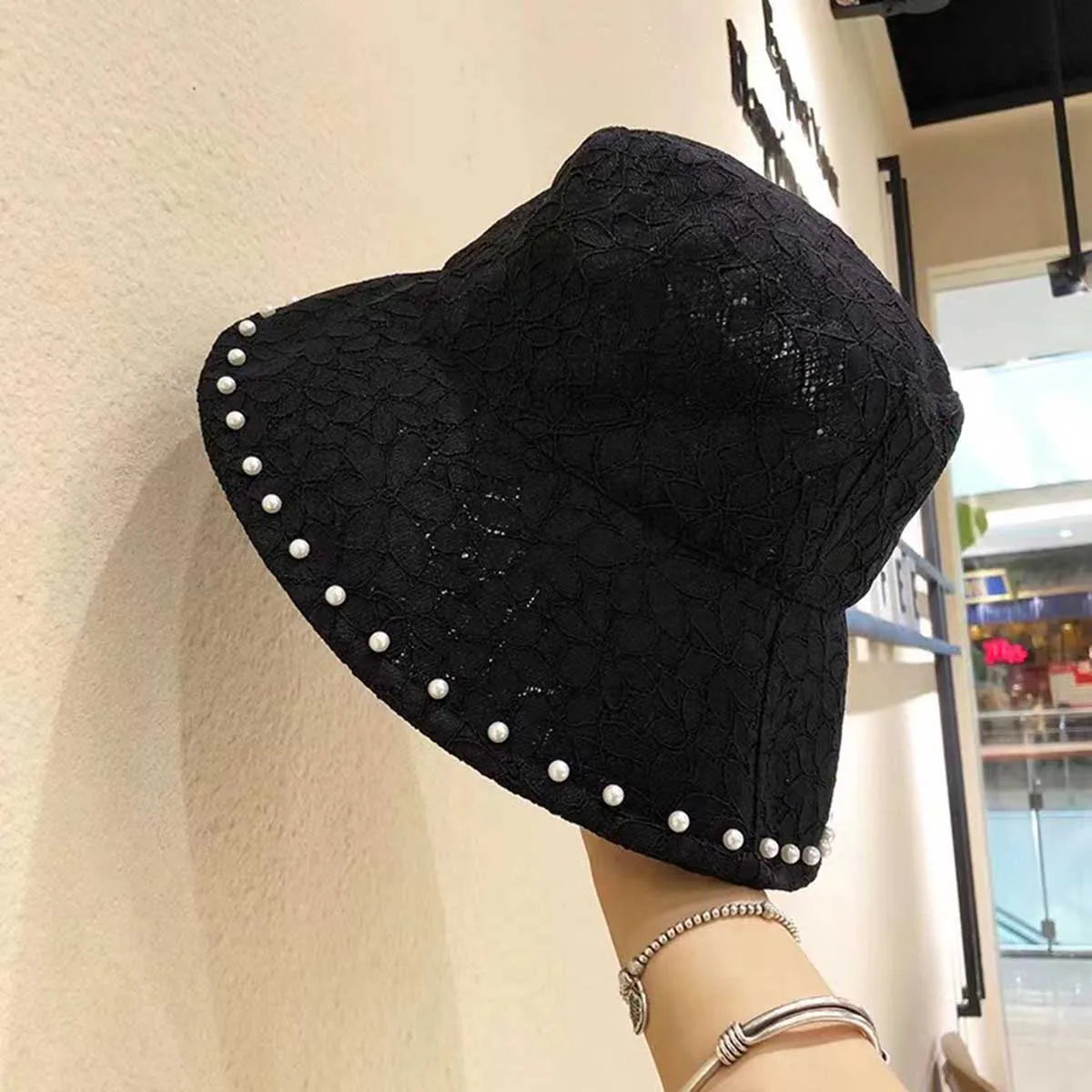 Lace Fisherman's Hat Temperament Pearl Bucket Hat Sunscreen Hat Female Show Face