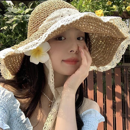 Women Crochet Straw Bucket Hat-Colorful Beaded Sun Hat
