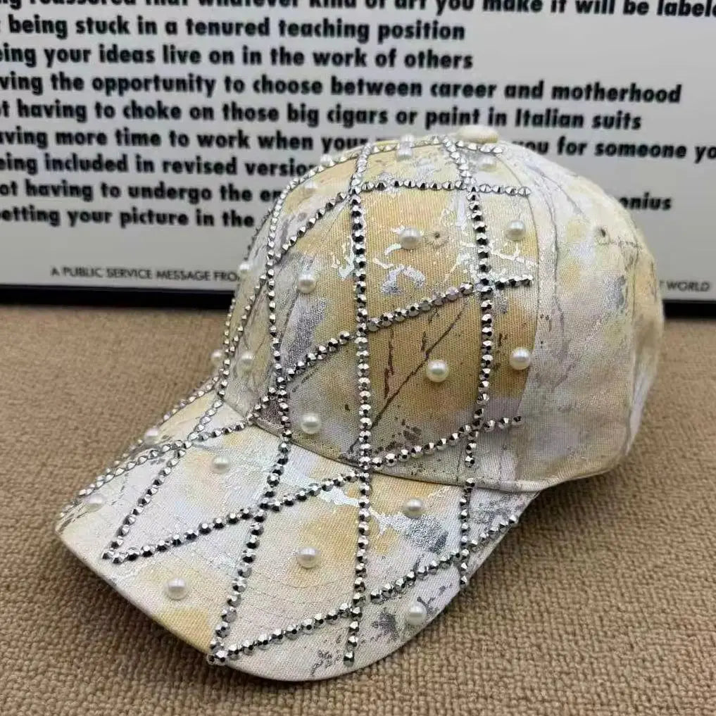 Unisex Retro Versatile Tie-Dye Quilted Rhinestone Imitation Pearl Baseball Cap