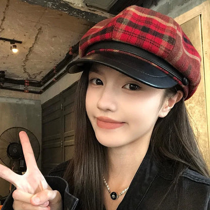 Plaid Wool Newsboy Cap With Leather Trim Trendy Women Beret Hat