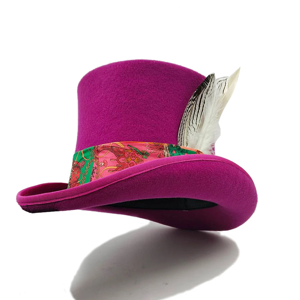 Purplish Red 100% Wool Hat For Men And Women Fedora Top Gentleman Bowler Hat