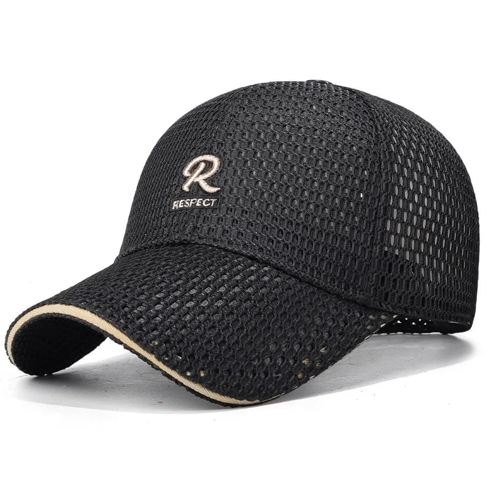 R Letter Embroidery Full Mesh Baseball Cap