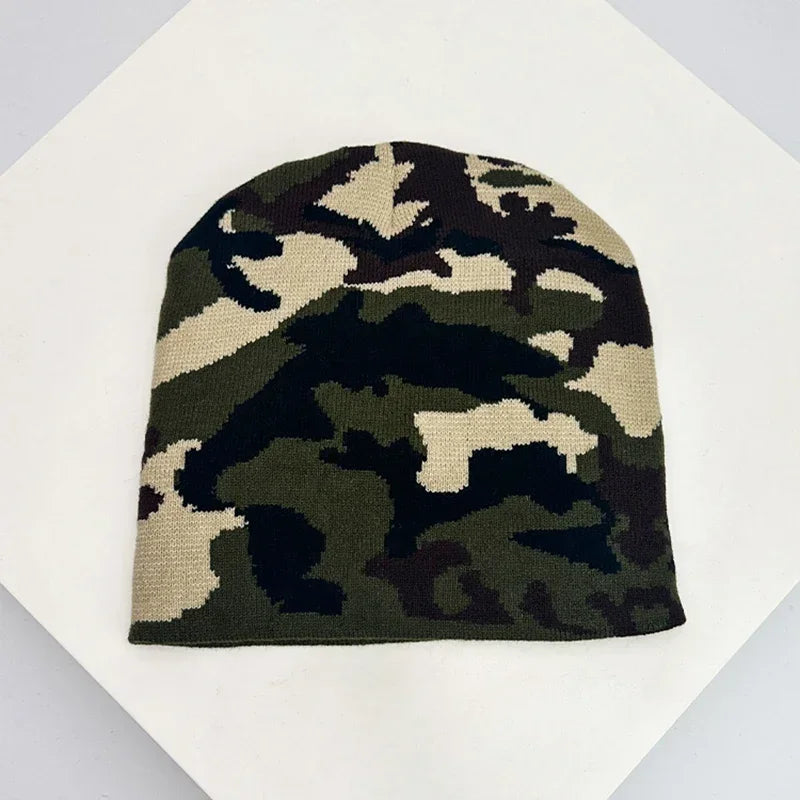 New European Style Camouflage Color Block Knitted Hats